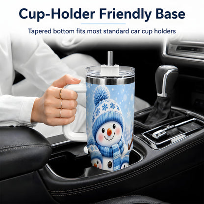 Festive Snowman Family 40oz Tumbler, Blue Winter Snowflake Scene Artwork