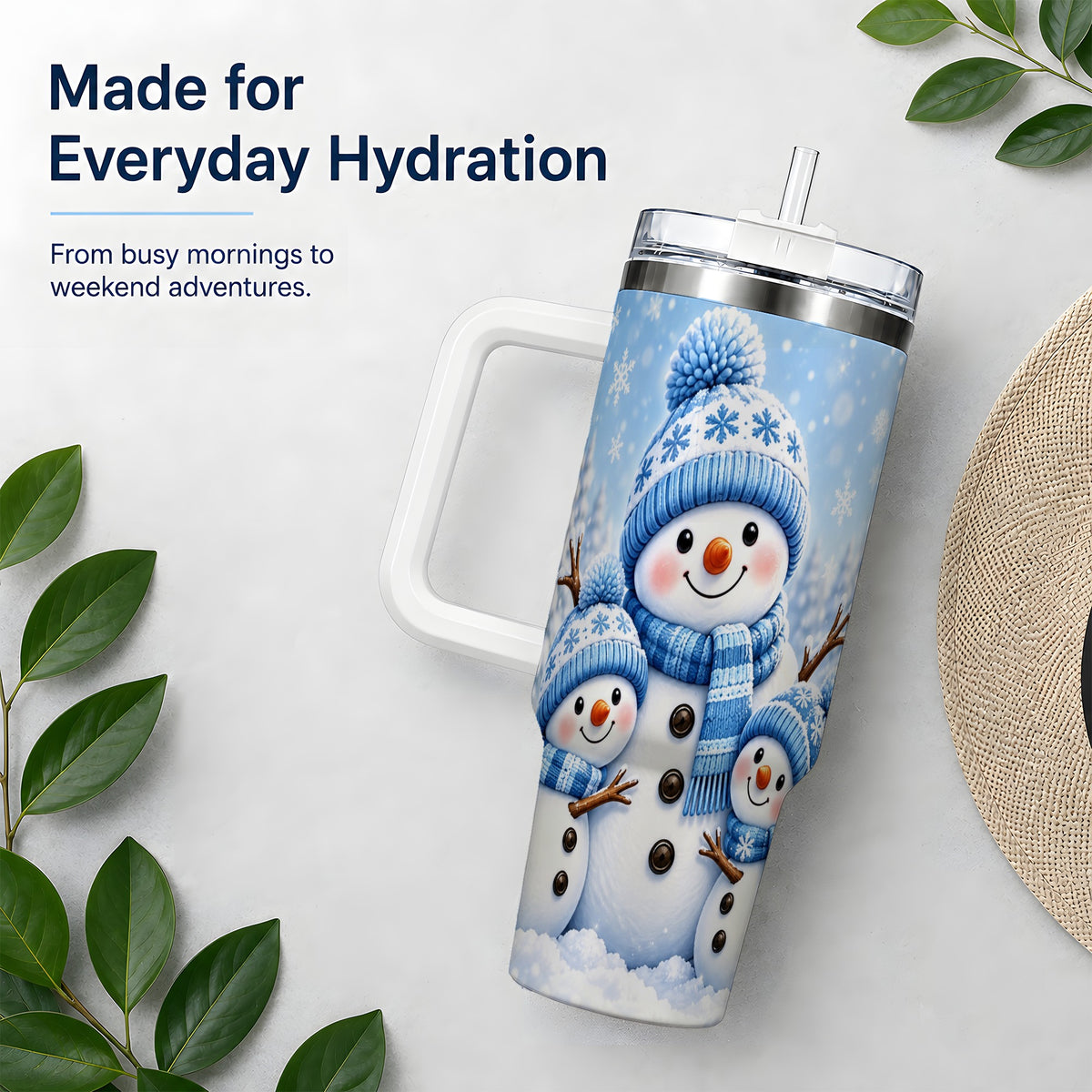 Festive Snowman Family 40oz Tumbler, Blue Winter Snowflake Scene Artwork