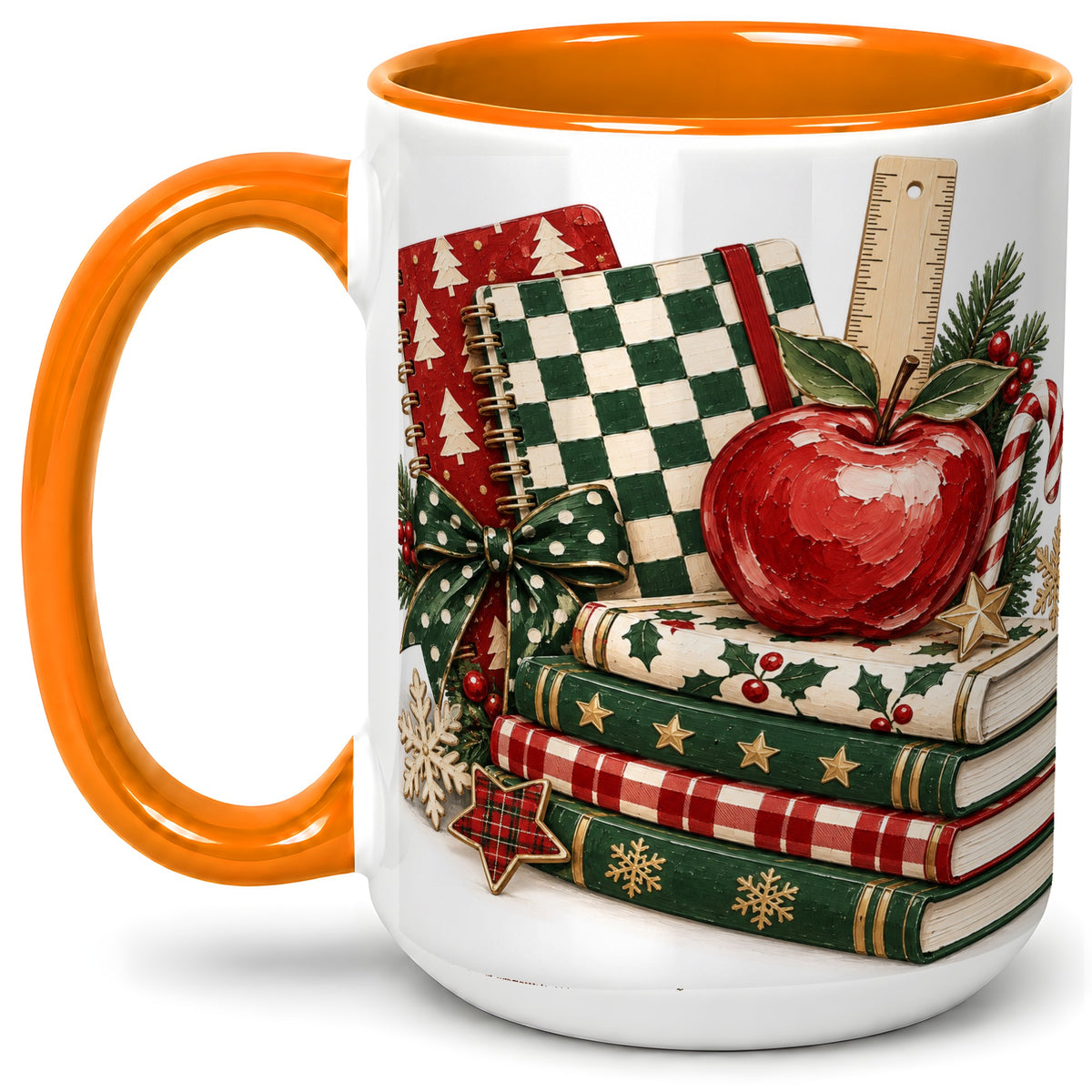 #pl[15oz|Orange] Christmas Teacher Book Lover Ceramic Mug, Apple Notebook Artwork