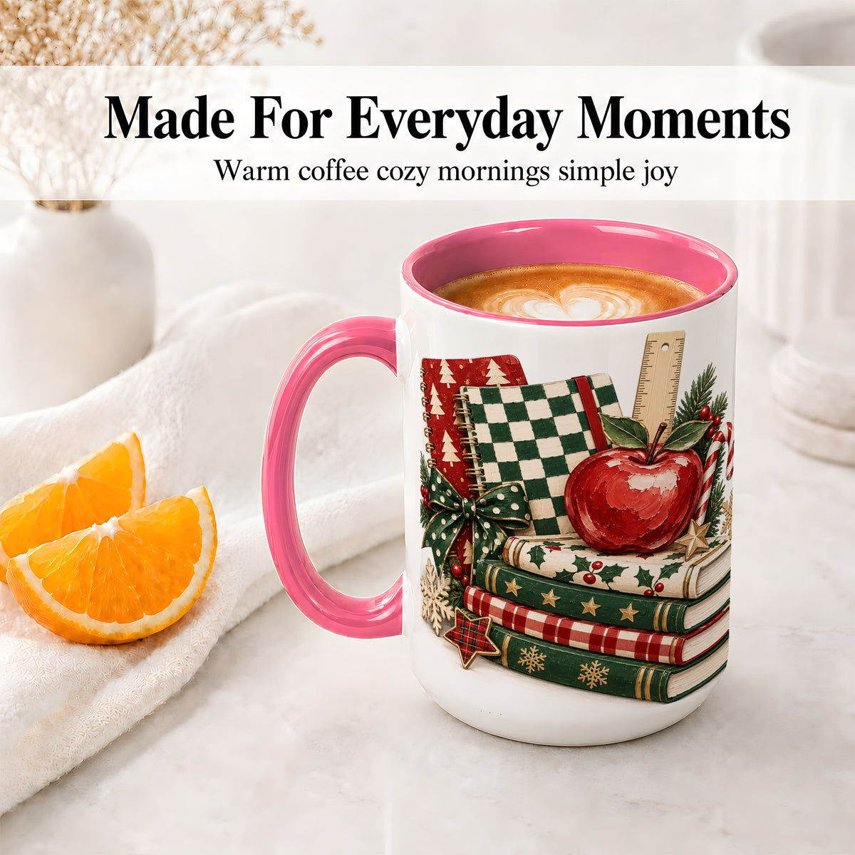 #pl[15oz|Pink] Christmas Teacher Book Lover Ceramic Mug, Apple Notebook Artwork