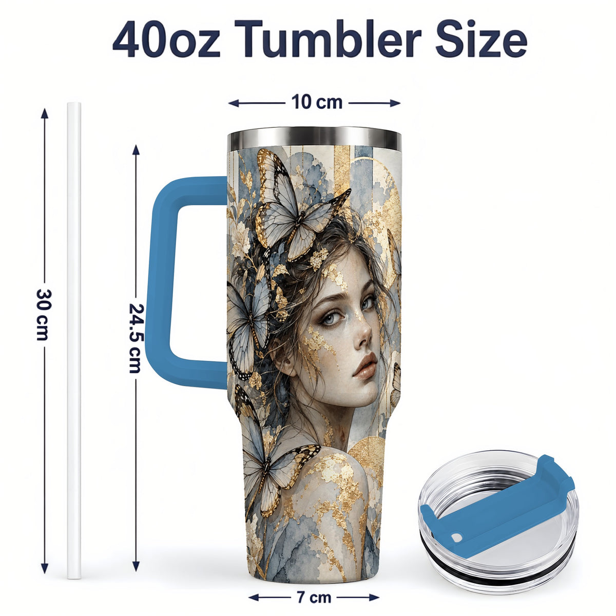 #pl[40oz|Blue] Butterfly Woman 40oz Tumbler, Blue Gold Watercolor Portrait Artwork