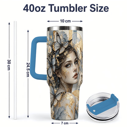 #pl[40oz|Blue] Butterfly Woman 40oz Tumbler, Blue Gold Watercolor Portrait Artwork