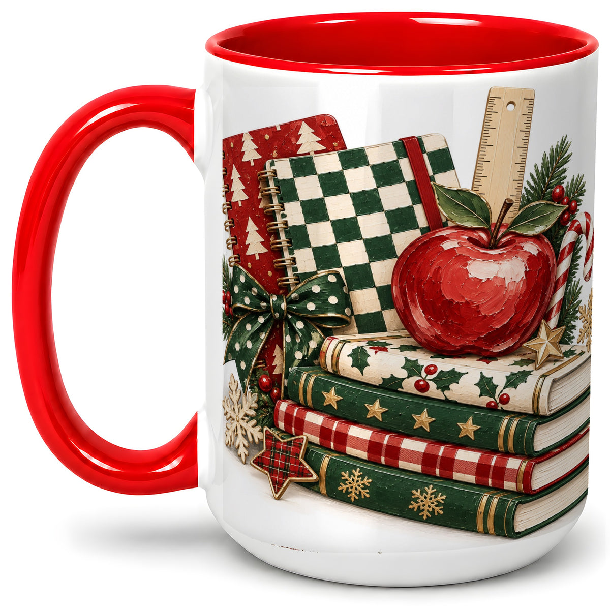 #pl[15oz|Red] Christmas Teacher Book Lover Ceramic Mug, Apple Notebook Artwork