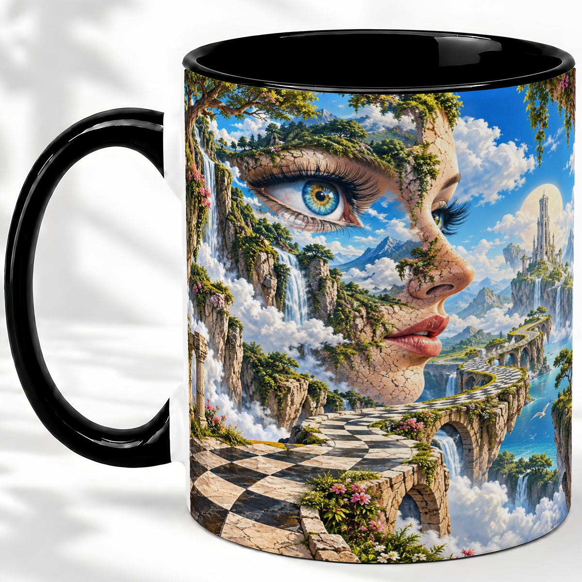 #pl[11oz|Black] Surreal Fantasy Face Ceramic Mug, Waterfall Dreamscape Artwork