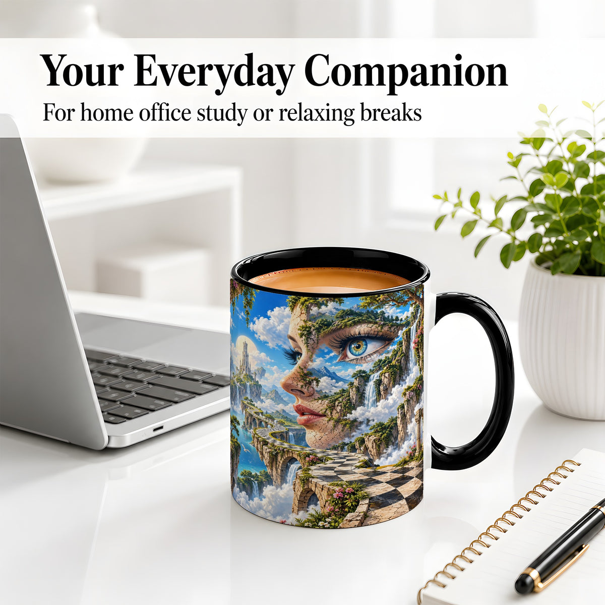 #pl[11oz|Black] Surreal Fantasy Face Ceramic Mug, Waterfall Dreamscape Artwork
