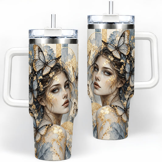 Butterfly Woman 40oz Tumbler, Blue Gold Watercolor Portrait Artwork