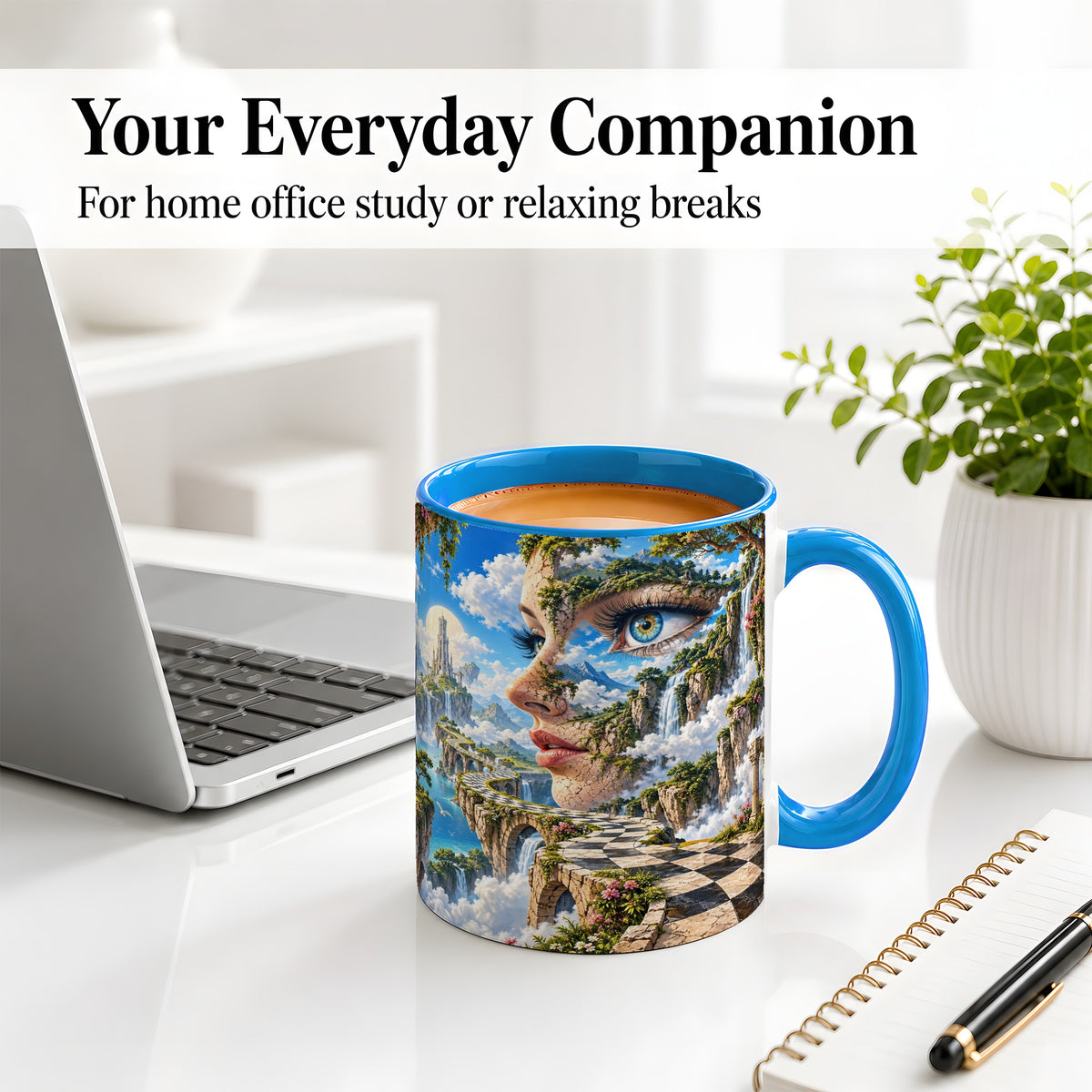 #pl[11oz|Blue] Surreal Fantasy Face Ceramic Mug, Waterfall Dreamscape Artwork