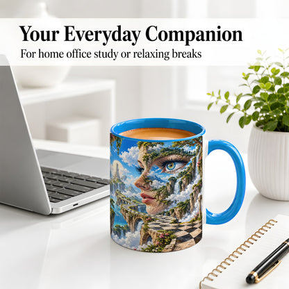 #pl[11oz|Blue] Surreal Fantasy Face Ceramic Mug, Waterfall Dreamscape Artwork