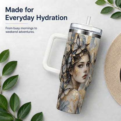 Butterfly Woman 40oz Tumbler, Blue Gold Watercolor Portrait Artwork