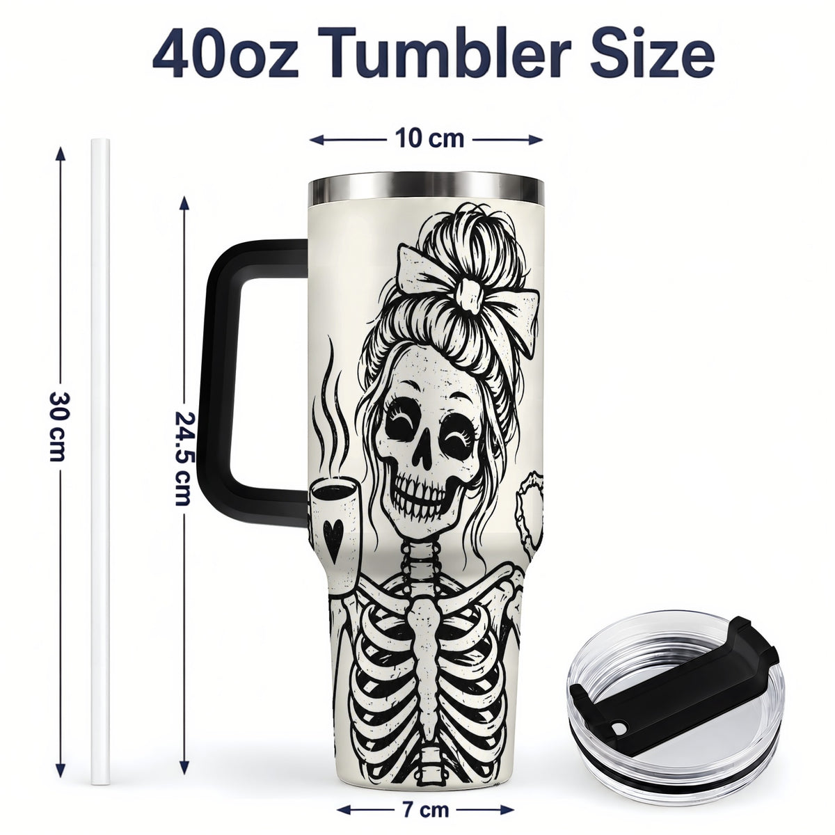 #pl[40oz|Black] Coffee Skeleton 40oz Tumbler, Black and White Spooky Line Art Artwork