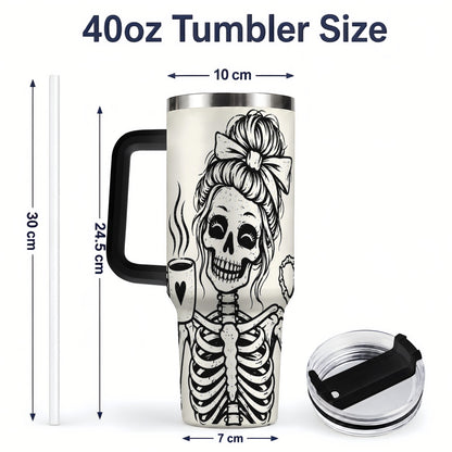 #pl[40oz|Black] Coffee Skeleton 40oz Tumbler, Black and White Spooky Line Art Artwork