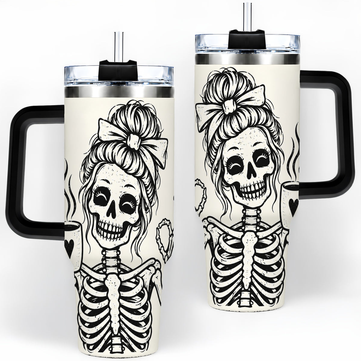 #pl[40oz|Black] Coffee Skeleton 40oz Tumbler, Black and White Spooky Line Art Artwork