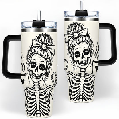 #pl[40oz|Black] Coffee Skeleton 40oz Tumbler, Black and White Spooky Line Art Artwork