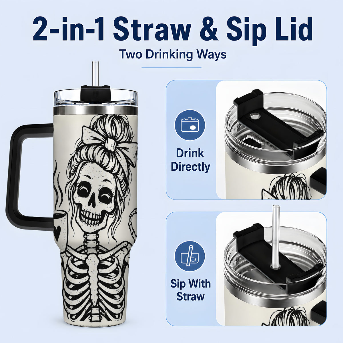 #pl[40oz|Black] Coffee Skeleton 40oz Tumbler, Black and White Spooky Line Art Artwork
