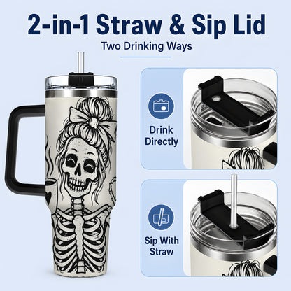 #pl[40oz|Black] Coffee Skeleton 40oz Tumbler, Black and White Spooky Line Art Artwork