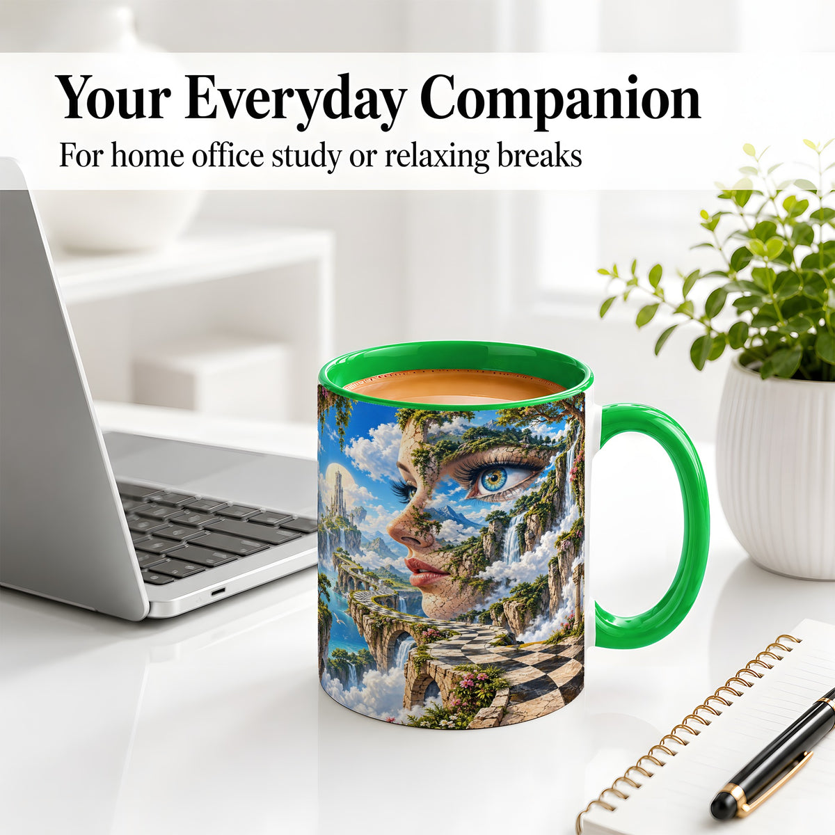 #pl[11oz|Green] Surreal Fantasy Face Ceramic Mug, Waterfall Dreamscape Artwork
