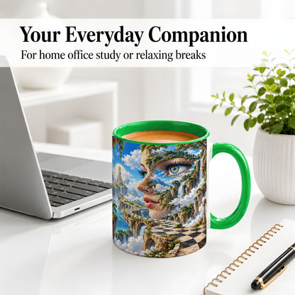 #pl[11oz|Green] Surreal Fantasy Face Ceramic Mug, Waterfall Dreamscape Artwork