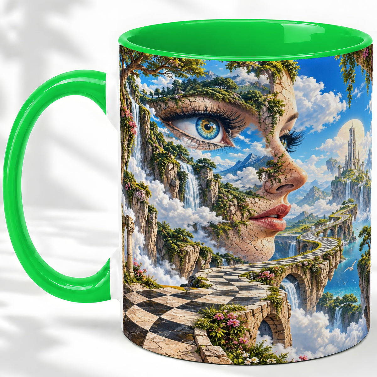 #pl[11oz|Green] Surreal Fantasy Face Ceramic Mug, Waterfall Dreamscape Artwork