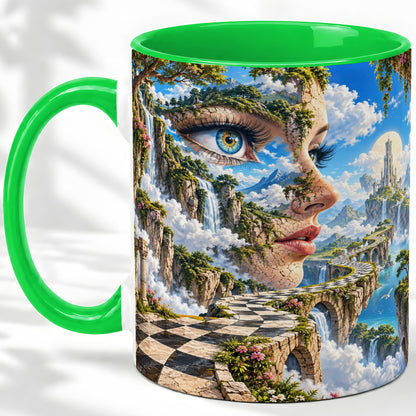 #pl[11oz|Green] Surreal Fantasy Face Ceramic Mug, Waterfall Dreamscape Artwork