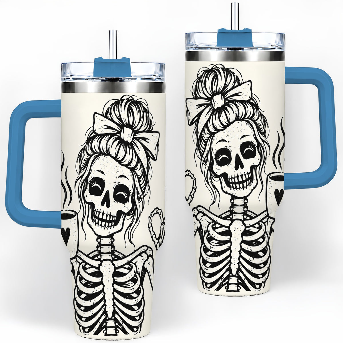 #pl[40oz|Blue] Coffee Skeleton 40oz Tumbler, Black and White Spooky Line Art Artwork