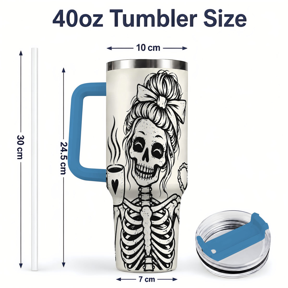 #pl[40oz|Blue] Coffee Skeleton 40oz Tumbler, Black and White Spooky Line Art Artwork