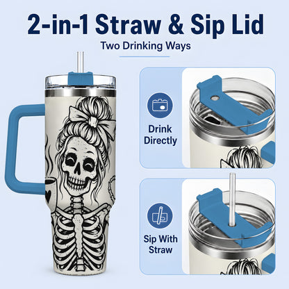 #pl[40oz|Blue] Coffee Skeleton 40oz Tumbler, Black and White Spooky Line Art Artwork