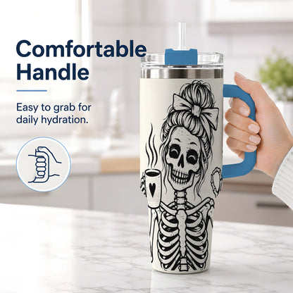 #pl[40oz|Blue] Coffee Skeleton 40oz Tumbler, Black and White Spooky Line Art Artwork