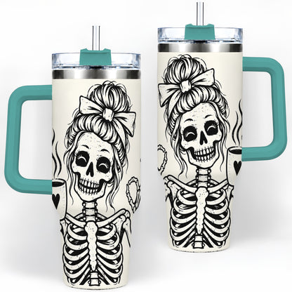 #pl[40oz|Green] Coffee Skeleton 40oz Tumbler, Black and White Spooky Line Art Artwork