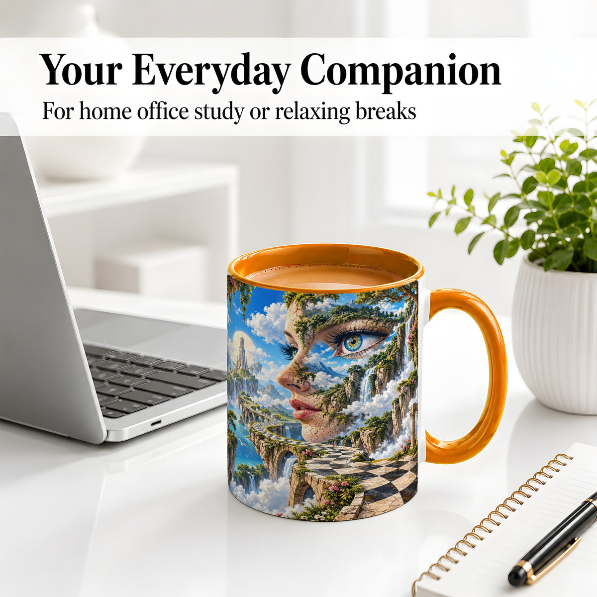 #pl[11oz|Orange] Surreal Fantasy Face Ceramic Mug, Waterfall Dreamscape Artwork