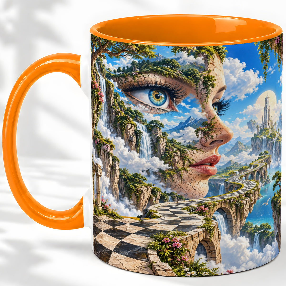 #pl[11oz|Orange] Surreal Fantasy Face Ceramic Mug, Waterfall Dreamscape Artwork