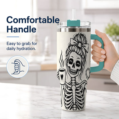 #pl[40oz|Green] Coffee Skeleton 40oz Tumbler, Black and White Spooky Line Art Artwork