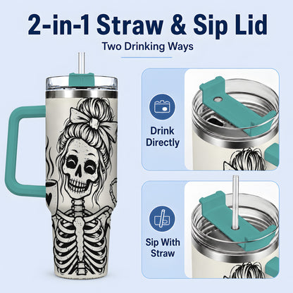 #pl[40oz|Green] Coffee Skeleton 40oz Tumbler, Black and White Spooky Line Art Artwork