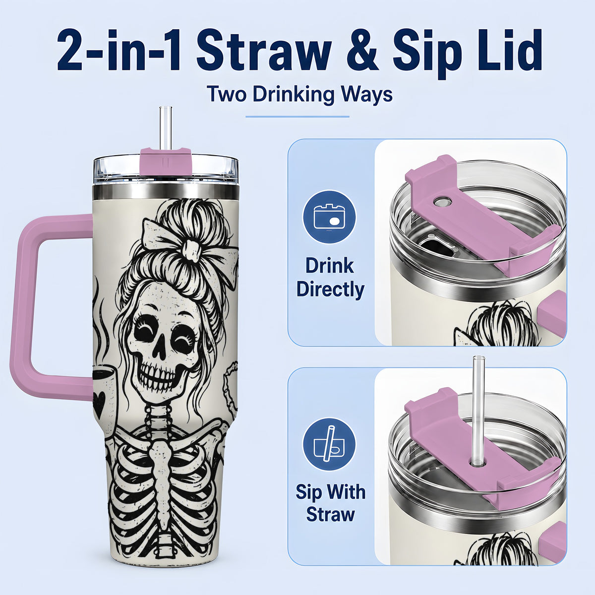 #pl[40oz|Pink] Coffee Skeleton 40oz Tumbler, Black and White Spooky Line Art Artwork
