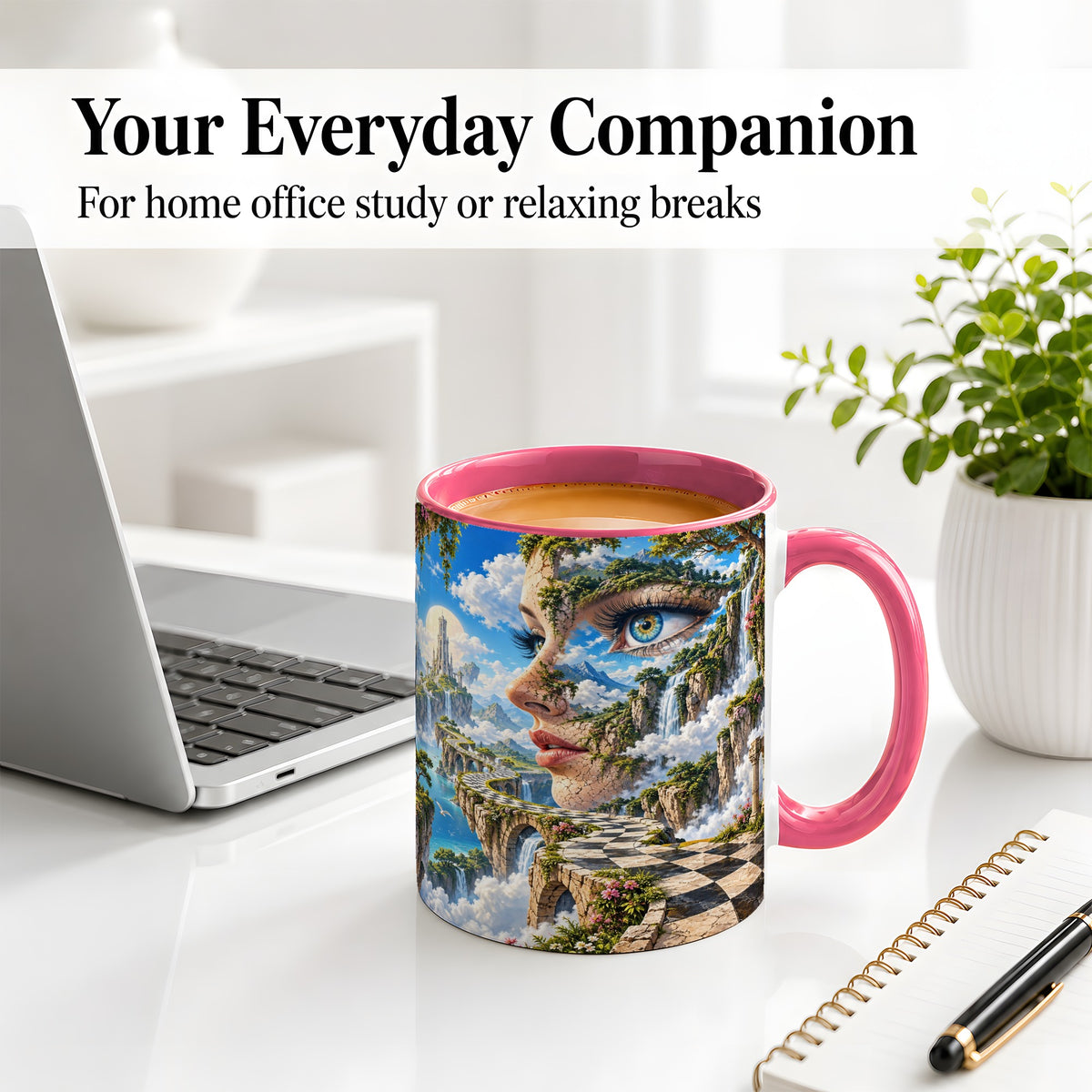 #pl[11oz|Pink] Surreal Fantasy Face Ceramic Mug, Waterfall Dreamscape Artwork