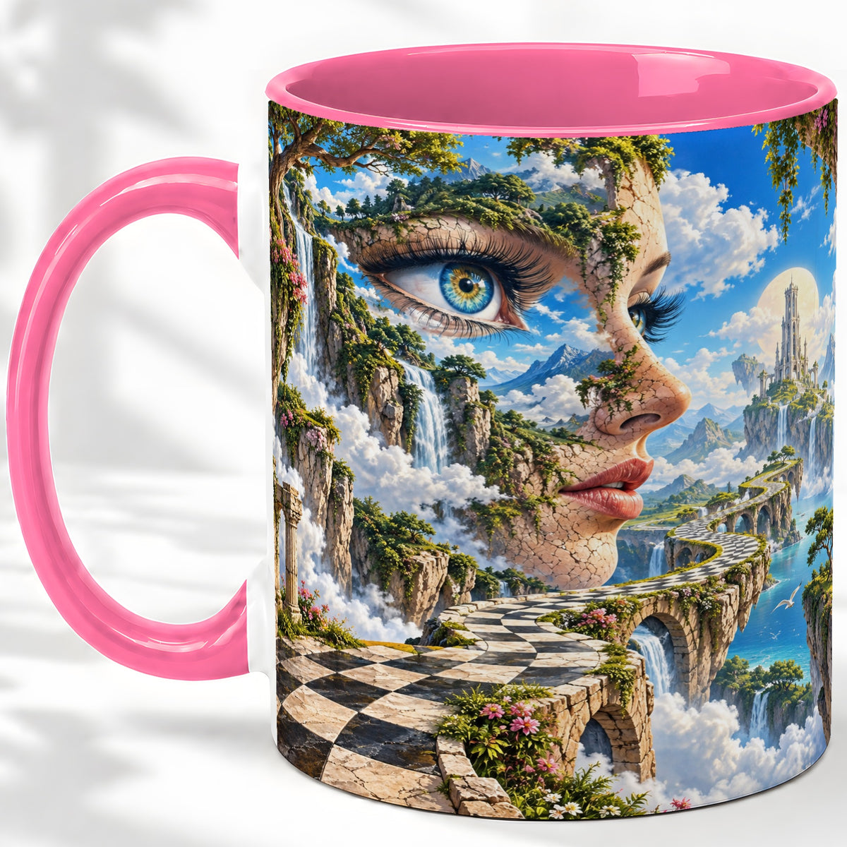 #pl[11oz|Pink] Surreal Fantasy Face Ceramic Mug, Waterfall Dreamscape Artwork