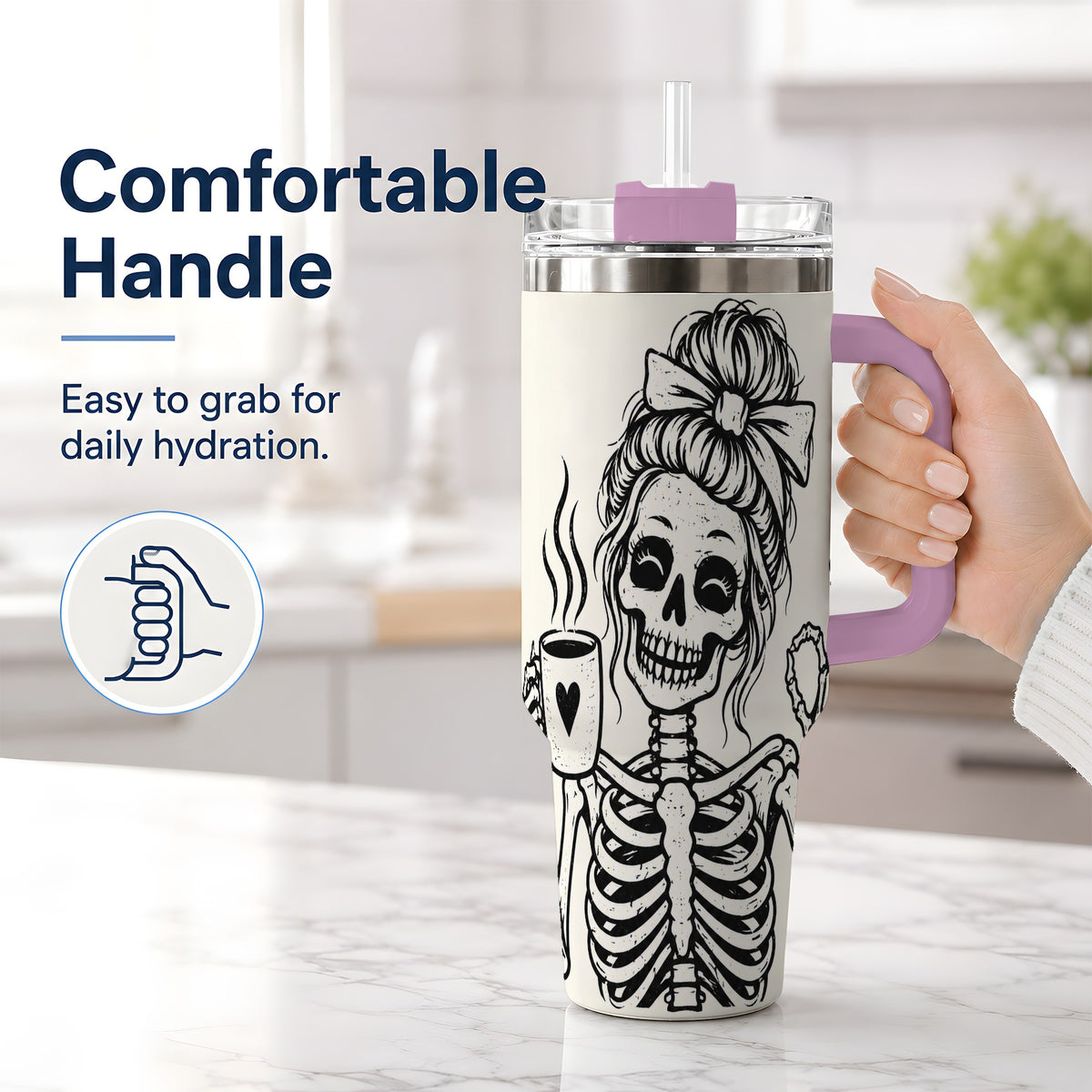 #pl[40oz|Pink] Coffee Skeleton 40oz Tumbler, Black and White Spooky Line Art Artwork