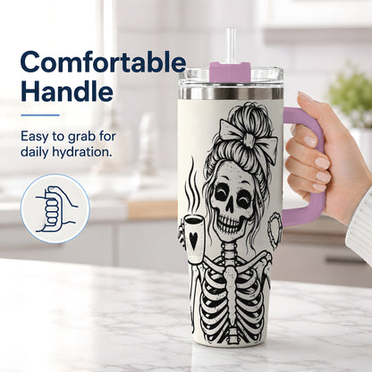 #pl[40oz|Pink] Coffee Skeleton 40oz Tumbler, Black and White Spooky Line Art Artwork