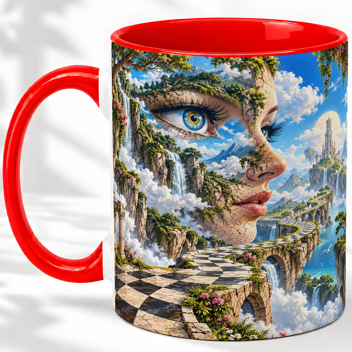 Surreal Fantasy Face Ceramic Mug, Waterfall Dreamscape Artwork