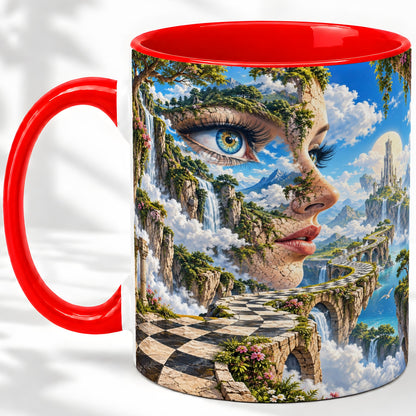 Surreal Fantasy Face Ceramic Mug, Waterfall Dreamscape Artwork