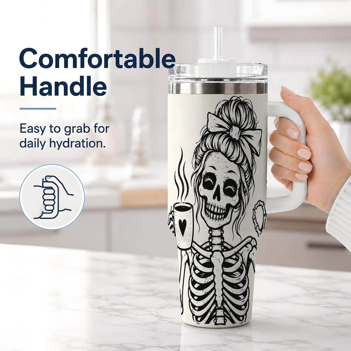 #pl[40oz|White] Coffee Skeleton 40oz Tumbler, Black and White Spooky Line Art Artwork