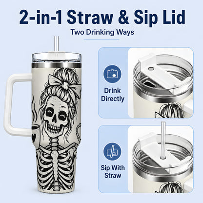 #pl[40oz|White] Coffee Skeleton 40oz Tumbler, Black and White Spooky Line Art Artwork