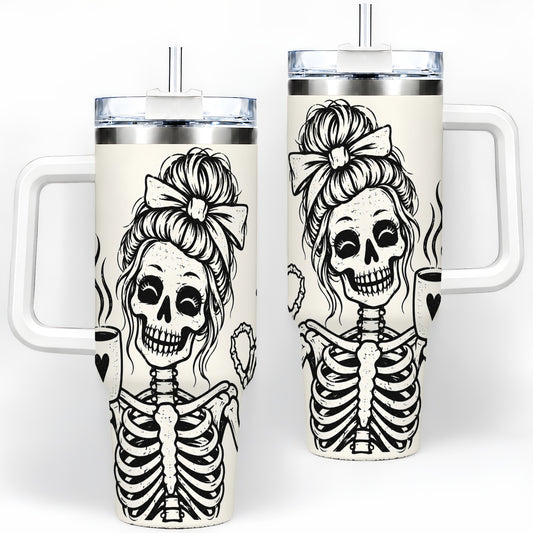 Coffee Skeleton 40oz Tumbler, Black and White Spooky Line Art Artwork