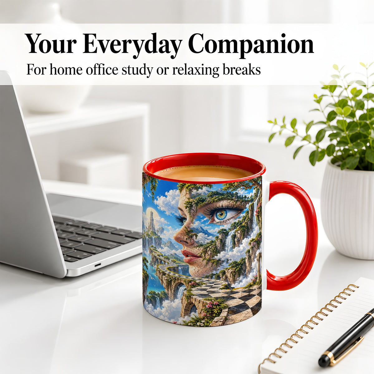 #pl[11oz|Red] Surreal Fantasy Face Ceramic Mug, Waterfall Dreamscape Artwork