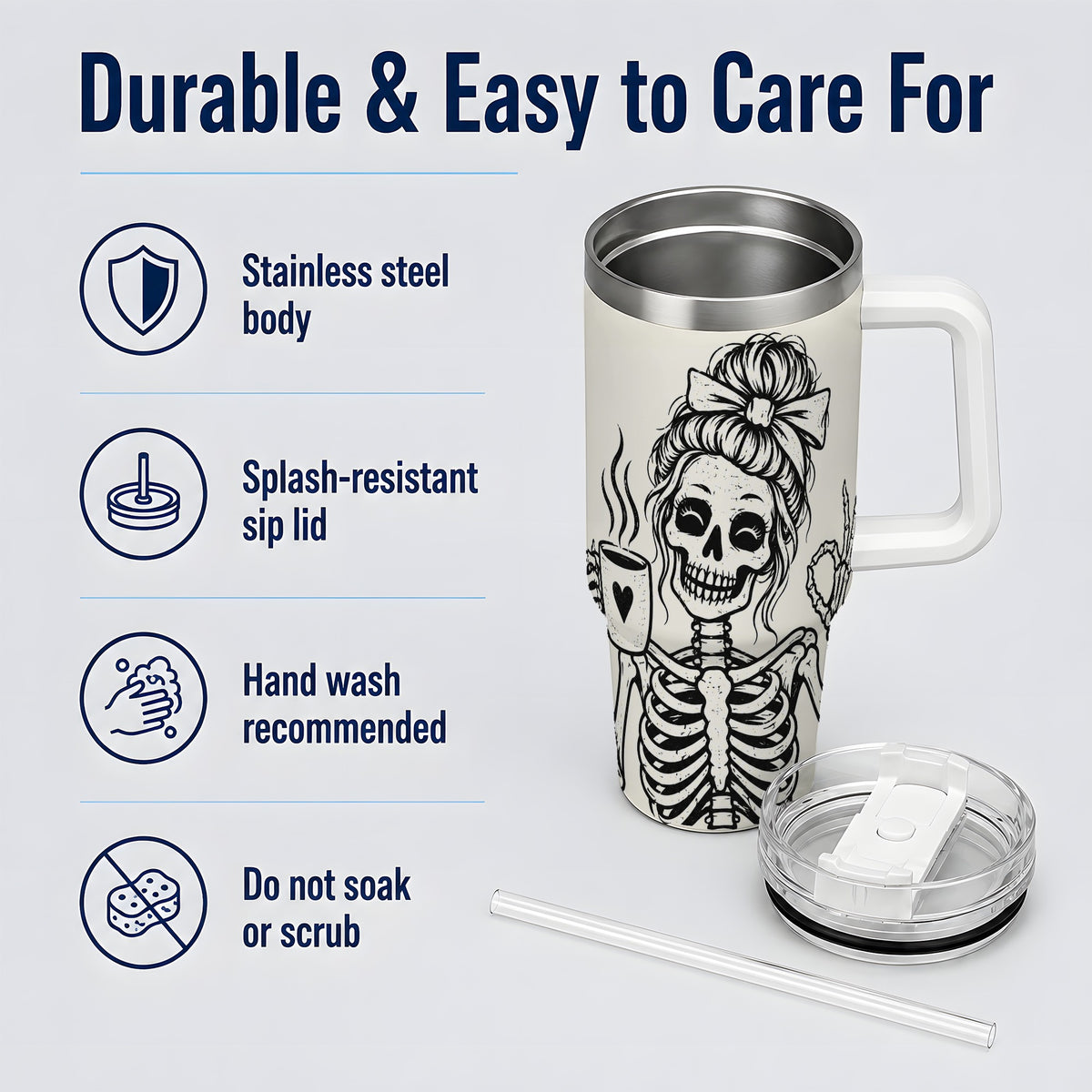 Coffee Skeleton 40oz Tumbler, Black and White Spooky Line Art Artwork