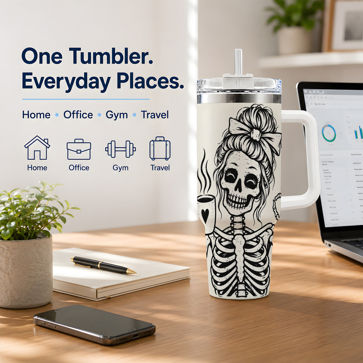 Coffee Skeleton 40oz Tumbler, Black and White Spooky Line Art Artwork