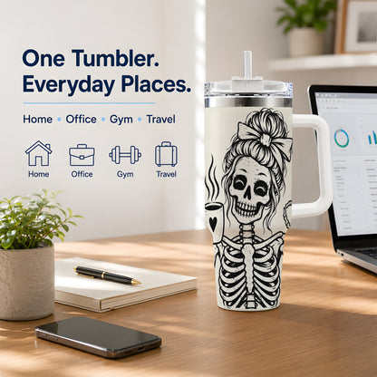 Coffee Skeleton 40oz Tumbler, Black and White Spooky Line Art Artwork