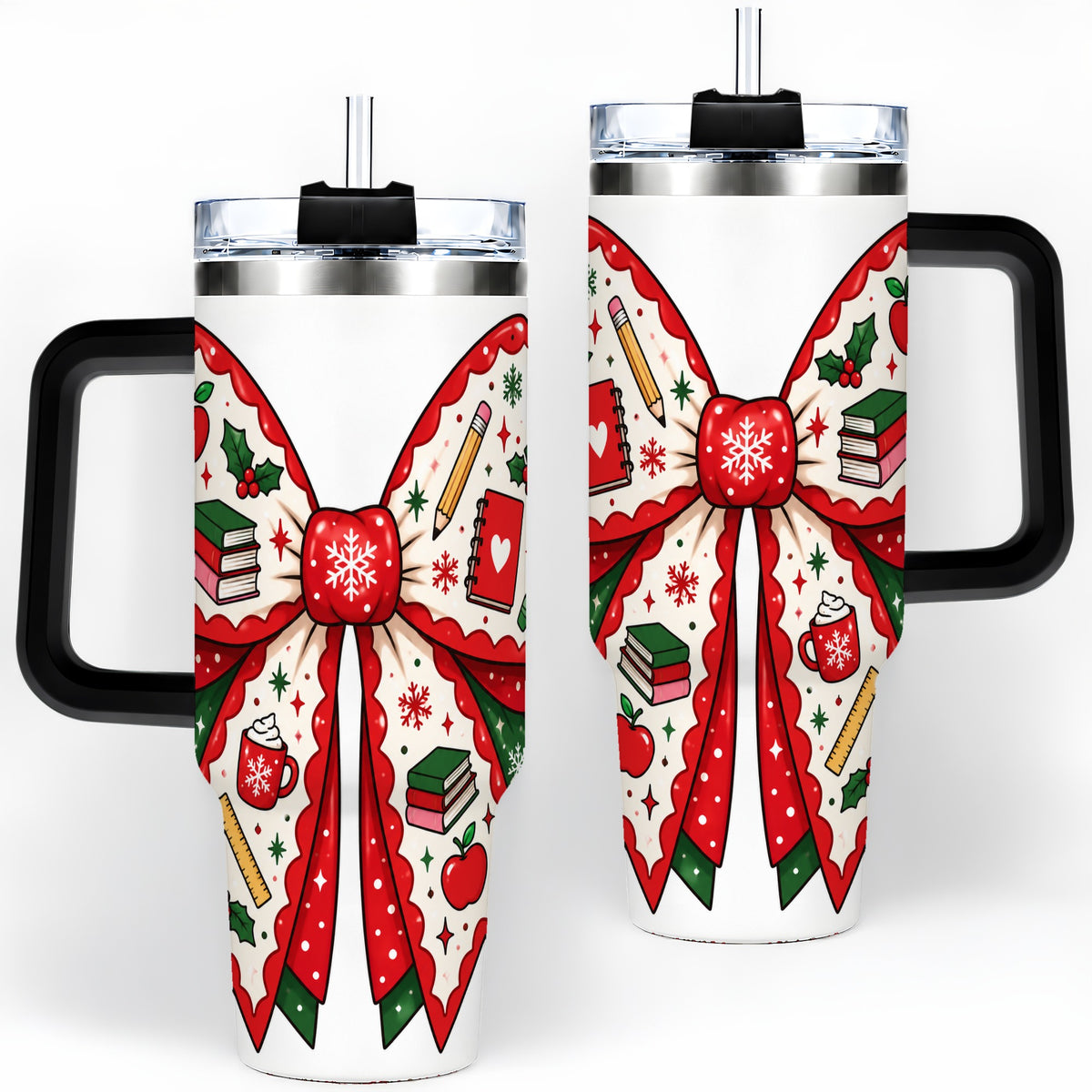 #pl[40oz|Black] Festive Teacher Christmas Bow 40oz Tumbler, School Holiday Icons Artwork