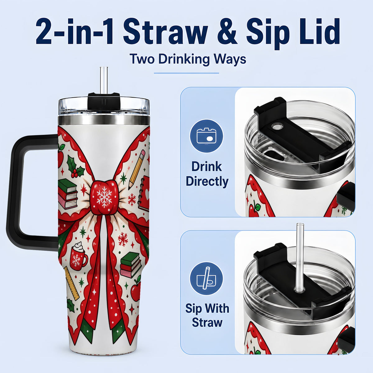 #pl[40oz|Black] Festive Teacher Christmas Bow 40oz Tumbler, School Holiday Icons Artwork