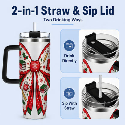 #pl[40oz|Black] Festive Teacher Christmas Bow 40oz Tumbler, School Holiday Icons Artwork