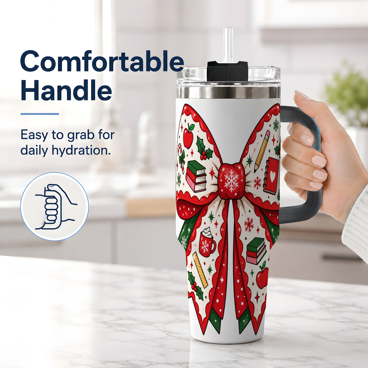 #pl[40oz|Black] Festive Teacher Christmas Bow 40oz Tumbler, School Holiday Icons Artwork